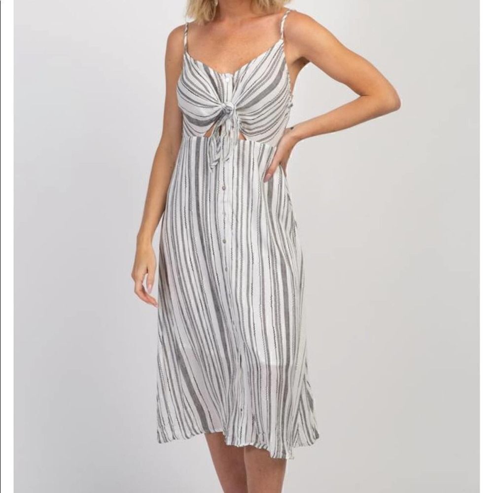 PinkBlush Button Front Stripe Midi Dress Tie Bust